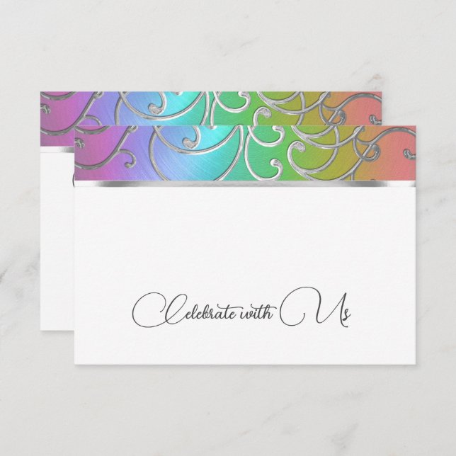 RSVP Card Elegant Rainbow and Silver Filigree (Front/Back)