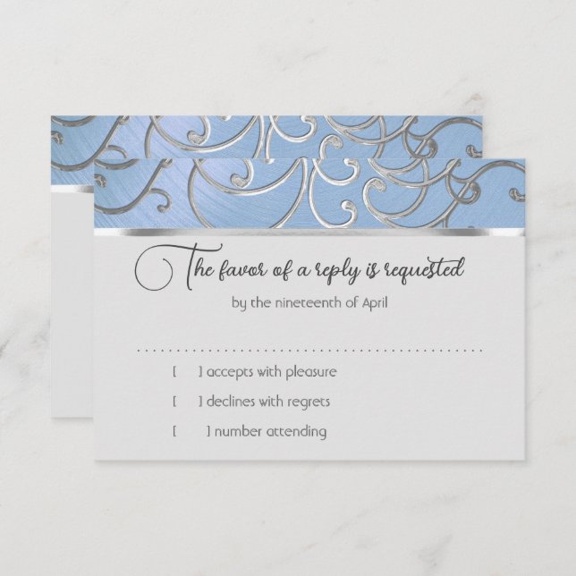 RSVP Card Elegant Sky Blue and Gold Filigree (Front/Back)