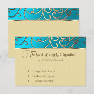 RSVP Card Elegant Turquoise Blue Gold Filigree