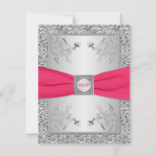 RSVP Card   Pink, FAUX Silver Foil, Floral