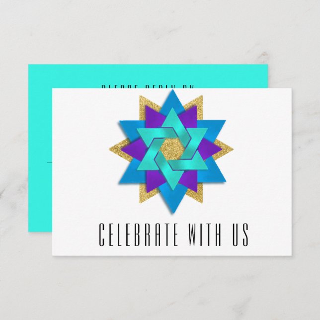 RSVP Card Turquoise Blue Aqua Purple Star Flower (Front/Back)