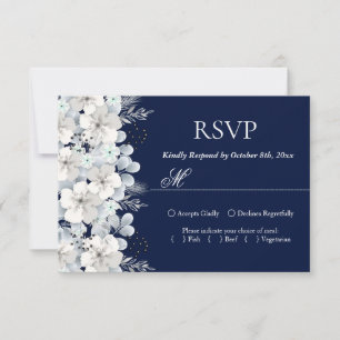 RSVP card white flower sakura navy blue