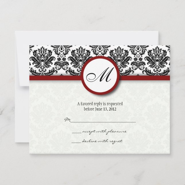 RSVP Cards Black and Burgundy Damask Monogram (Front)