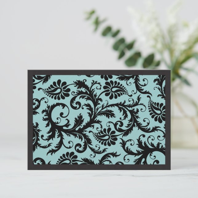 RSVP Cards-Black & Aqua Blue Damask (Standing Front)
