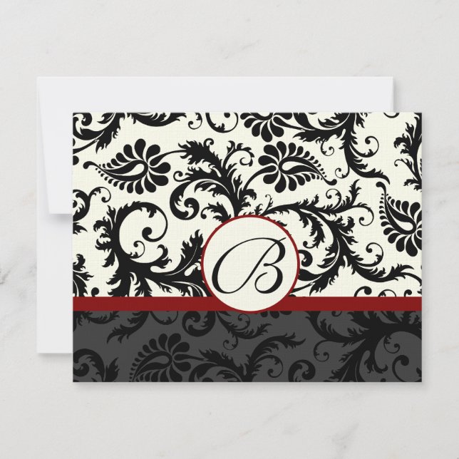RSVP Cards-Black & Ivory Damask Maroon Trim (Front)
