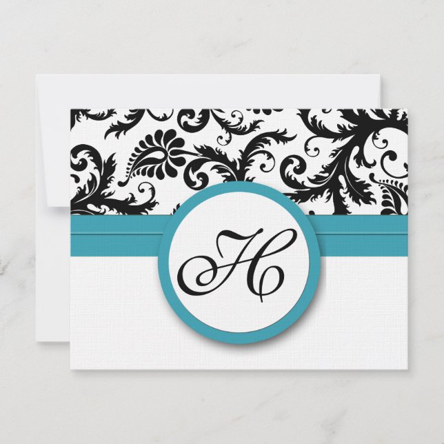 RSVP Cards-Black & White Damask Dark Pool Blue (Front)