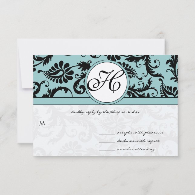 RSVP Cards-Black & White Damask Dark Pool Blue (Back)