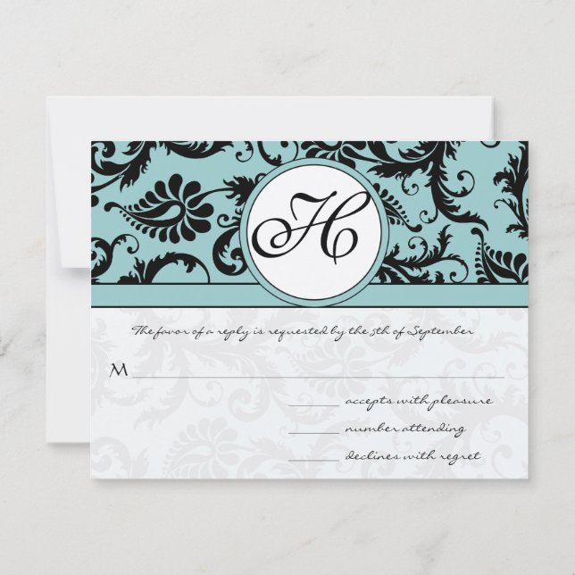 RSVP Cards-Black & White Damask Dark Pool Blue (Back)