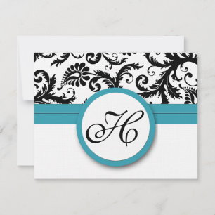 RSVP Cards-Black & White Damask Dark Pool Blue Card