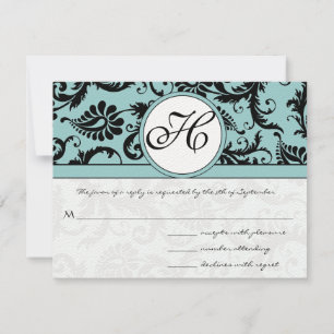 RSVP Cards-Black & White Damask Dark Pool Blue Card