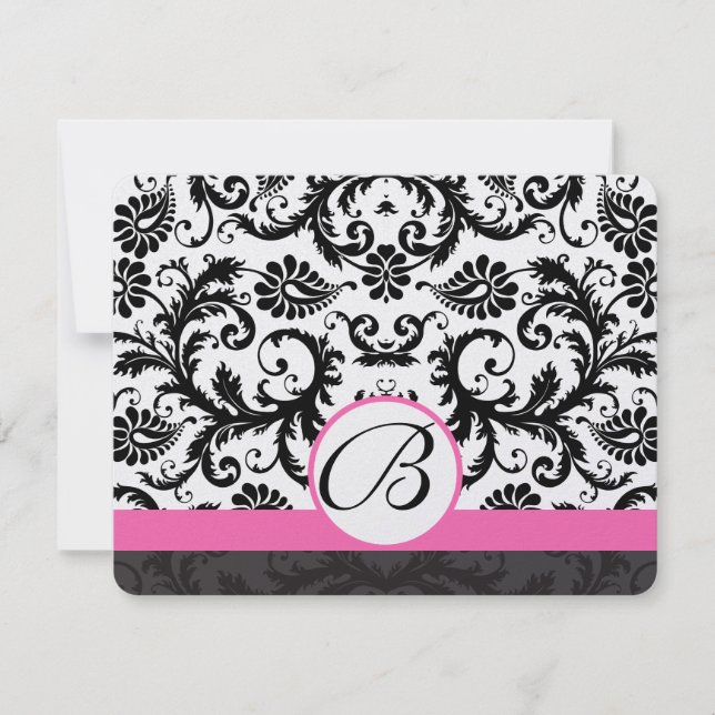 RSVP Cards-Black & White Damask Hot Pink Trim Card (Front)