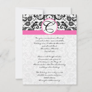RSVP Cards-Black & White Damask Hot Pink Trim Invitation