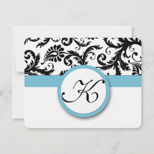 RSVP Cards-Black & White Damask Pool Blue Trim Card