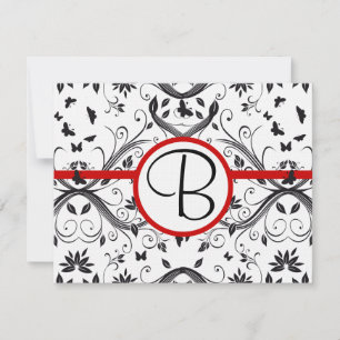 RSVP Cards-Black & White Damask Red Trim