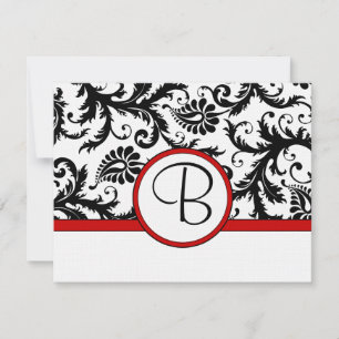 RSVP Cards-Black & White Damask Red Trim