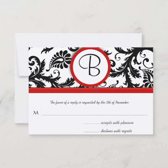 RSVP Cards-Black & White Damask Red Trim Card (Back)