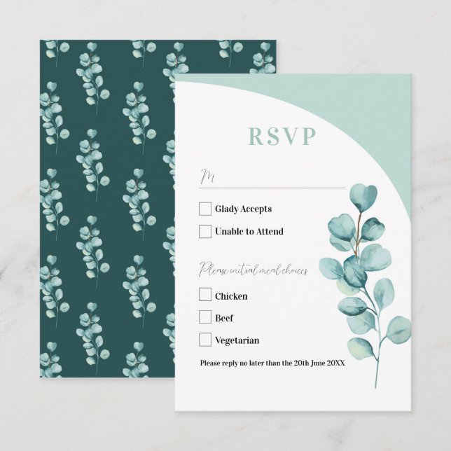 RSVP Cards Wedding Eucalyptus Leaves Green (Front/Back)