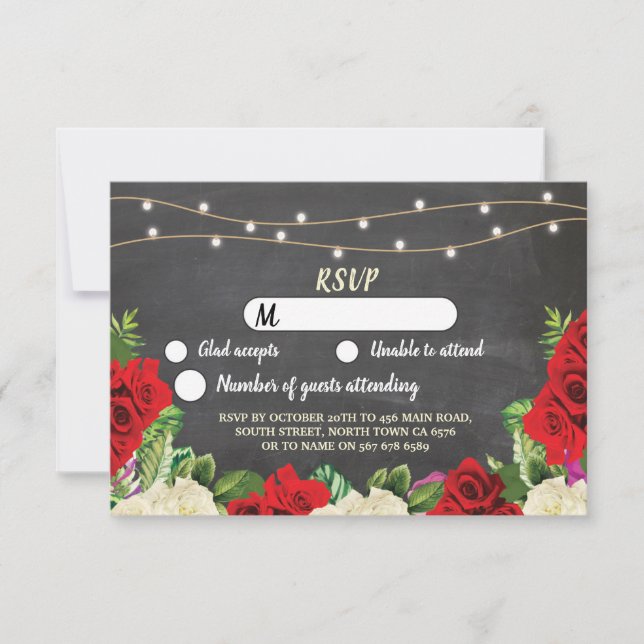 RSVP Chalk Wedding Rustic Lights Red Roses Invitation (Front)