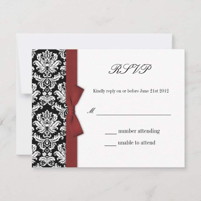 RSVP - Damask Burgundy Bow Wedding Response Card (Front)