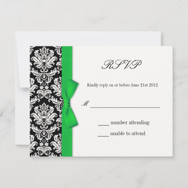 RSVP - Damask Green Bow Wedding Response Card (Front)