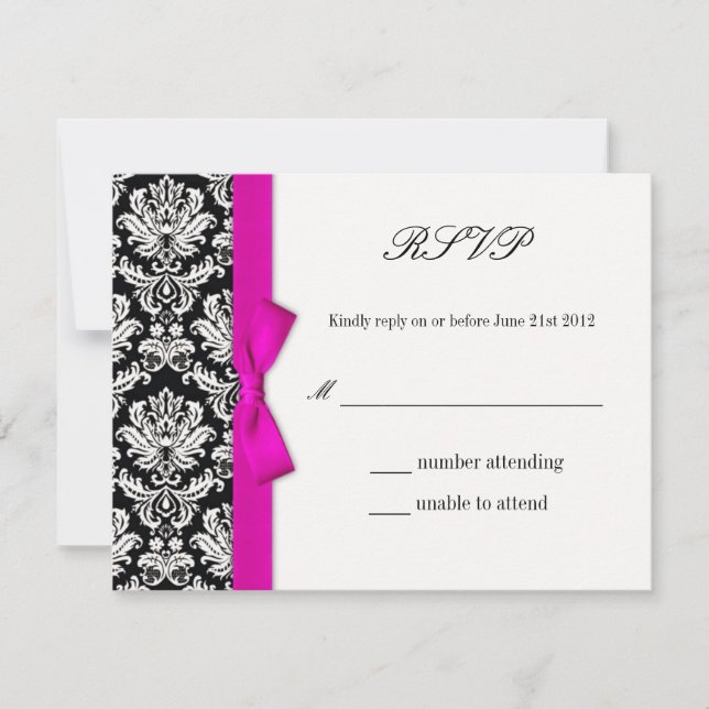 RSVP - Damask Pink Bow Wedding Response Card (Front)