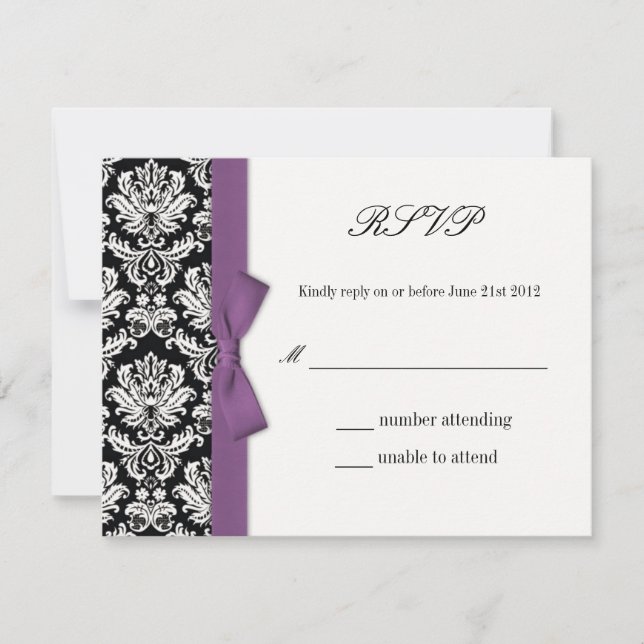 RSVP - Damask Purple Bow Wedding Response Card (Front)