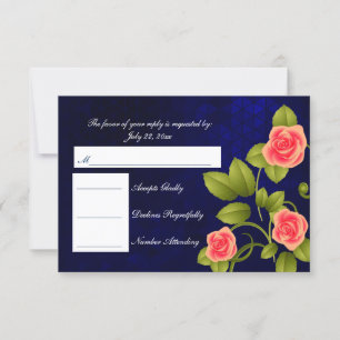 RSVP Dark Blue and Coral Rose Wedding Card