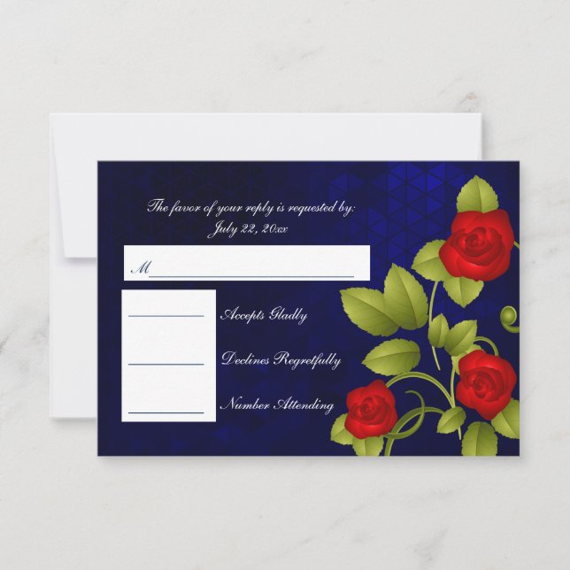 RSVP Dark Blue and Red Rose Wedding Card (Front)
