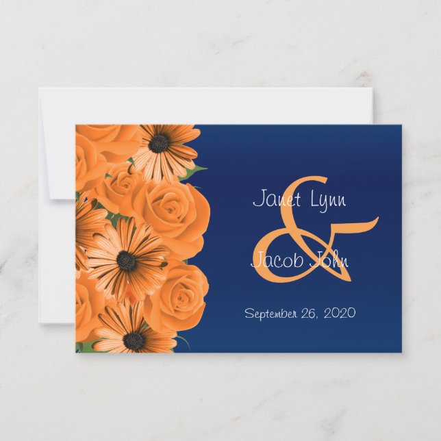 RSVP Dark Blue with Orange Roses Card (Front)