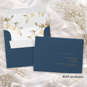 RSVP Deep Blue and Gold Modern Formal Floral Envelope