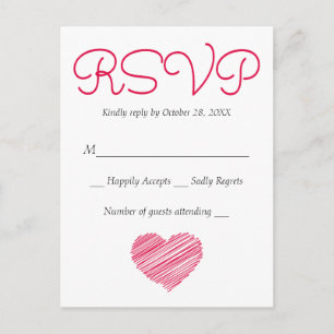 RSVP Doodle Heart Pink Red Party Wedding (No Meal) Invitation Postcard