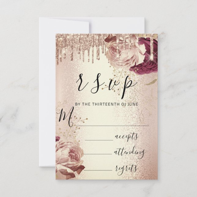 RSVP Drips Wedding Marsala Florals Rose Burgundy Card (Front)