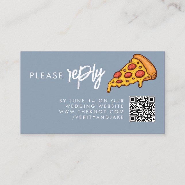 RSVP Dusty Blue PIZZA Modern Minimal Chic Wedding Enclosure Card (Front)