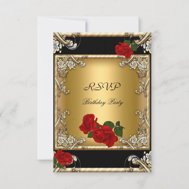 RSVP Elegant 50th Birthday Black Gold Red Rose Card (Front)