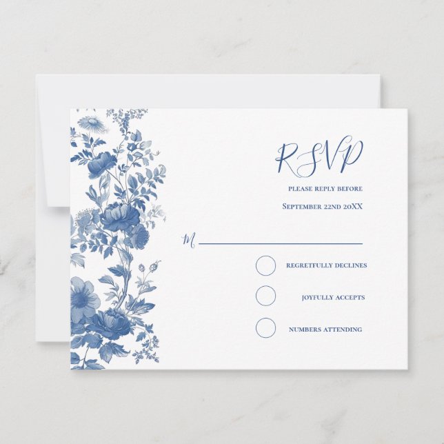 RSVP Elegant  French Floral Toile Blue Wedding  Card (Front)