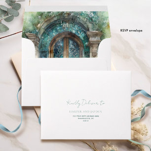 RSVP Elegant Green, Blue Teal Watercolor Wedding Envelope