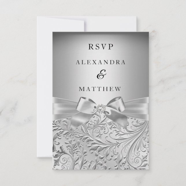 Rsvp Elegant Silver Bow Silver Leaf Swirl Wedding Card (Front)