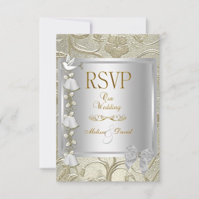 RSVP Elegant Wedding Gold Silver White Dove Damask (Front)