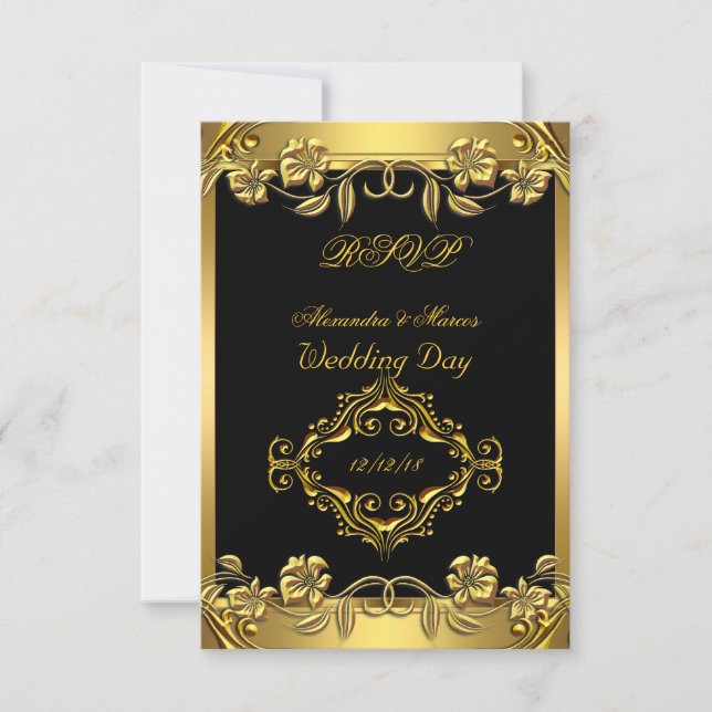 RSVP Elegant Wedding Ornate Floral Black Gold Card (Front)