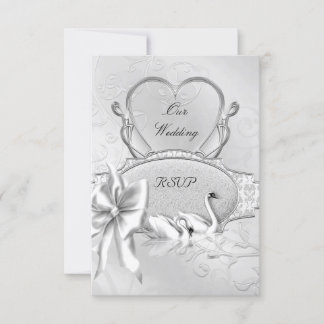 RSVP Elegant Wedding Silver White Swans Heart Bow Card