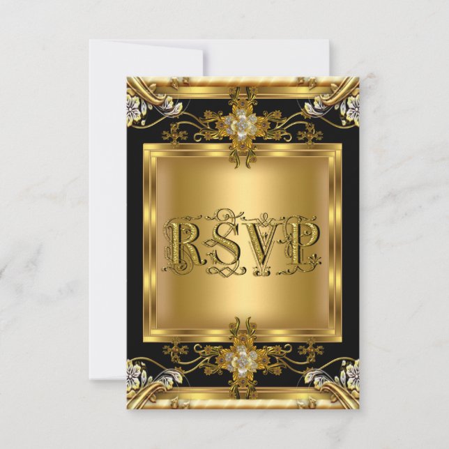 RSVP Engagement Elegant Gold Floral Jewel Black 2 Card (Front)