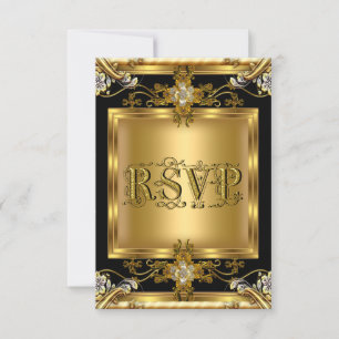 RSVP Engagement Elegant Gold Floral Jewel Black 2 Card