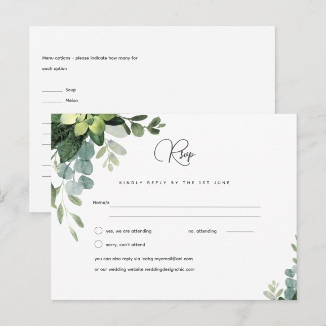 RSVP Eucalyptus Wedding - Watercolor Greenery Menu Postcard (Front/Back)