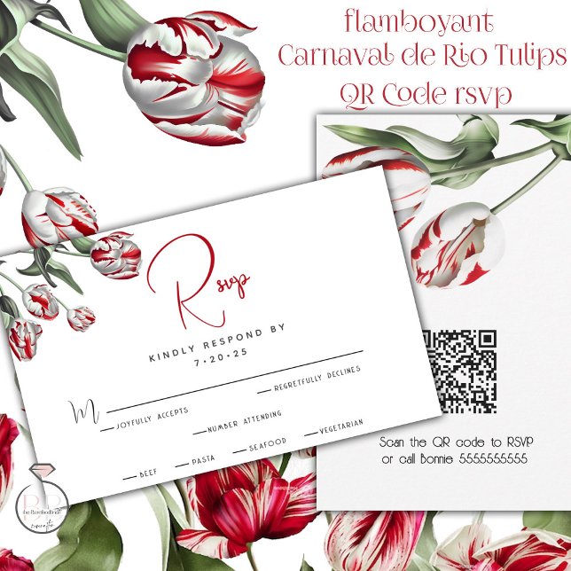 RSVP  |  Floral Red & White Rembrandt Tulips (Easy Peasy RSVP using  your QR code for your  guests to reply with just a click of their camera/)