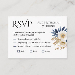 RSVP Floral Wedding Elegant Blue Gold Flowers Card