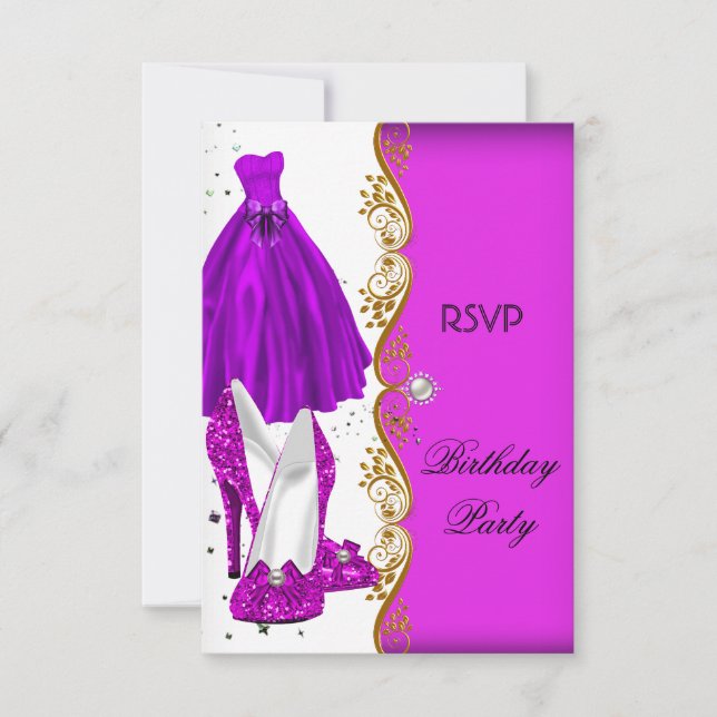 RSVP Glitter Pink Purple Shoes Dress Gold Invitation (Front)