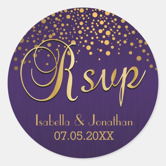 RSVP | Gold Dots and Purple | Personalise Classic Round Sticker (Front)
