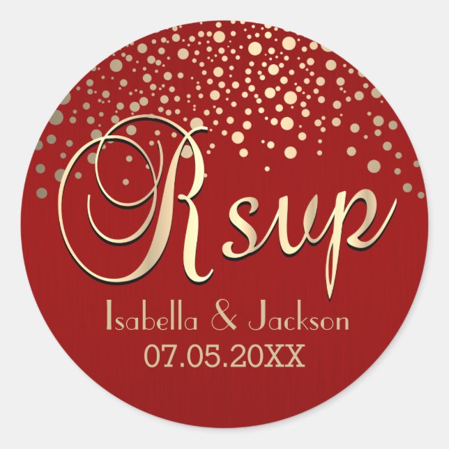 RSVP | Gold Dots and Red | Personalise Classic Round Sticker (Front)