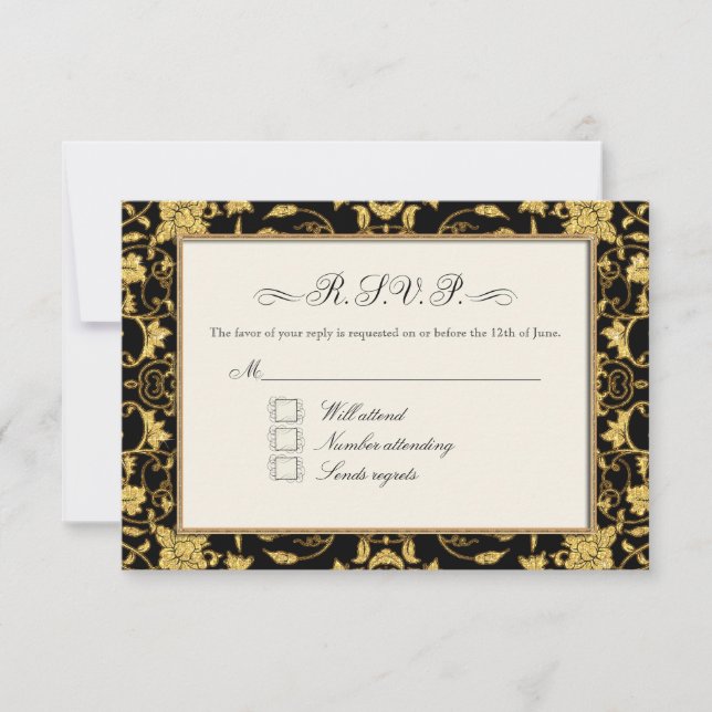 RSVP Gold Floral Damask Faux Glitter Wedding Card (Front)