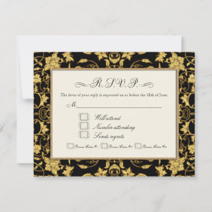 RSVP Gold Floral Damask Glitter Formal Wedding Card